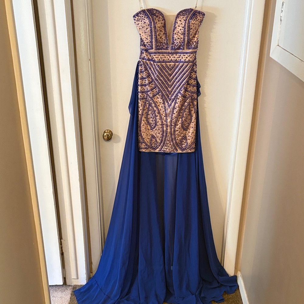 Blue and Purple Beaded Strapless Formal Dress